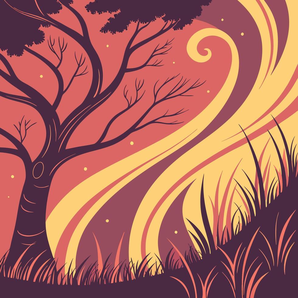 A tree with a fire in the background vector