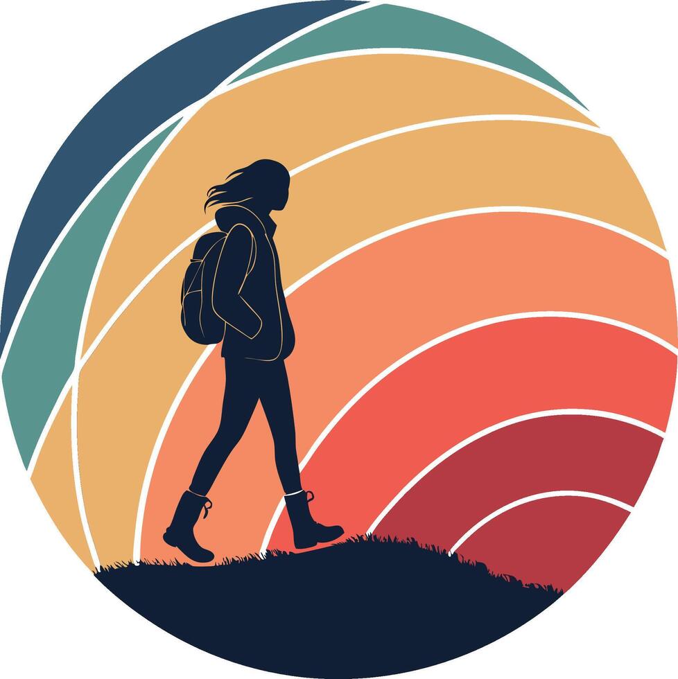 A woman walking with a backpack in front of a colorful background vector