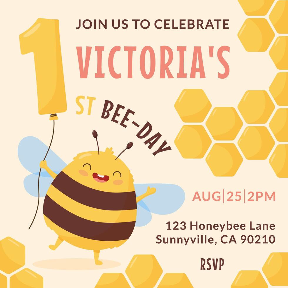 First birthday invitation template with kawaii happy bee and honeycomb. Cute bumblebee holds balloon shape number one. Cartoon flat illustration vector