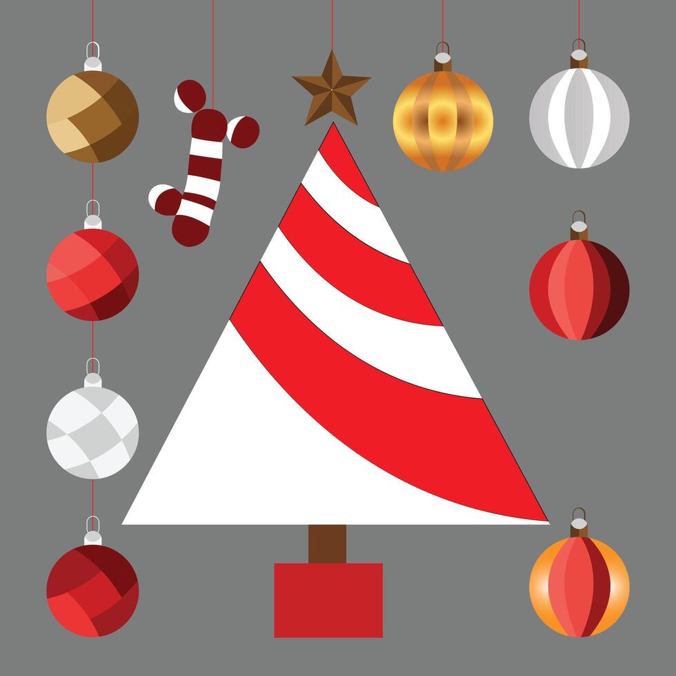 Set of Christmas decorations in red and gold colors. Merry Christmas. Happy New Year 2025. Interior decoration for the holiday. Glass toys of different shapes. New Year stickers. Design element vector