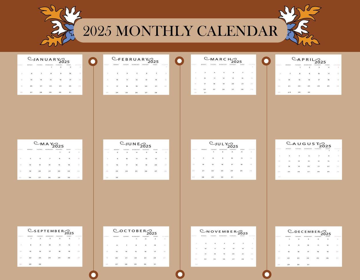 2025 Calendar. 12 Month and floral art design. Multi colors, line art design. vector