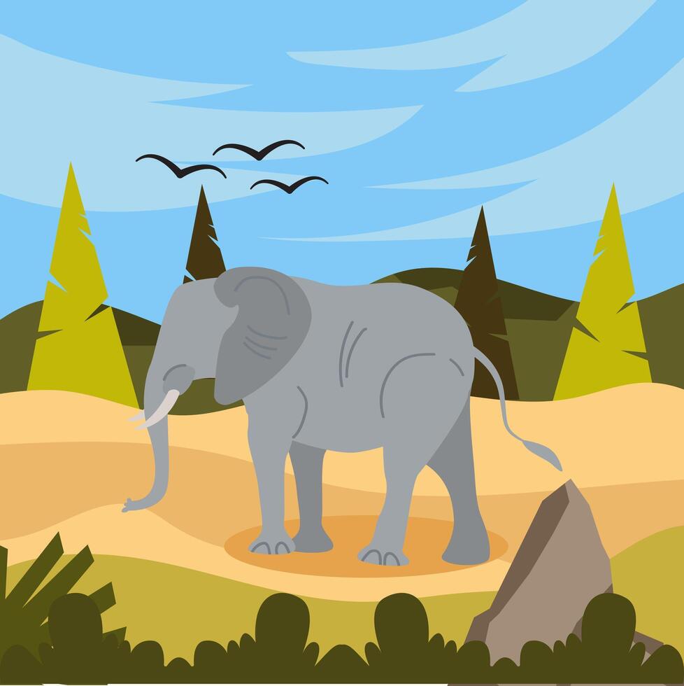 an elephant standing in the grass with trees and birds vector