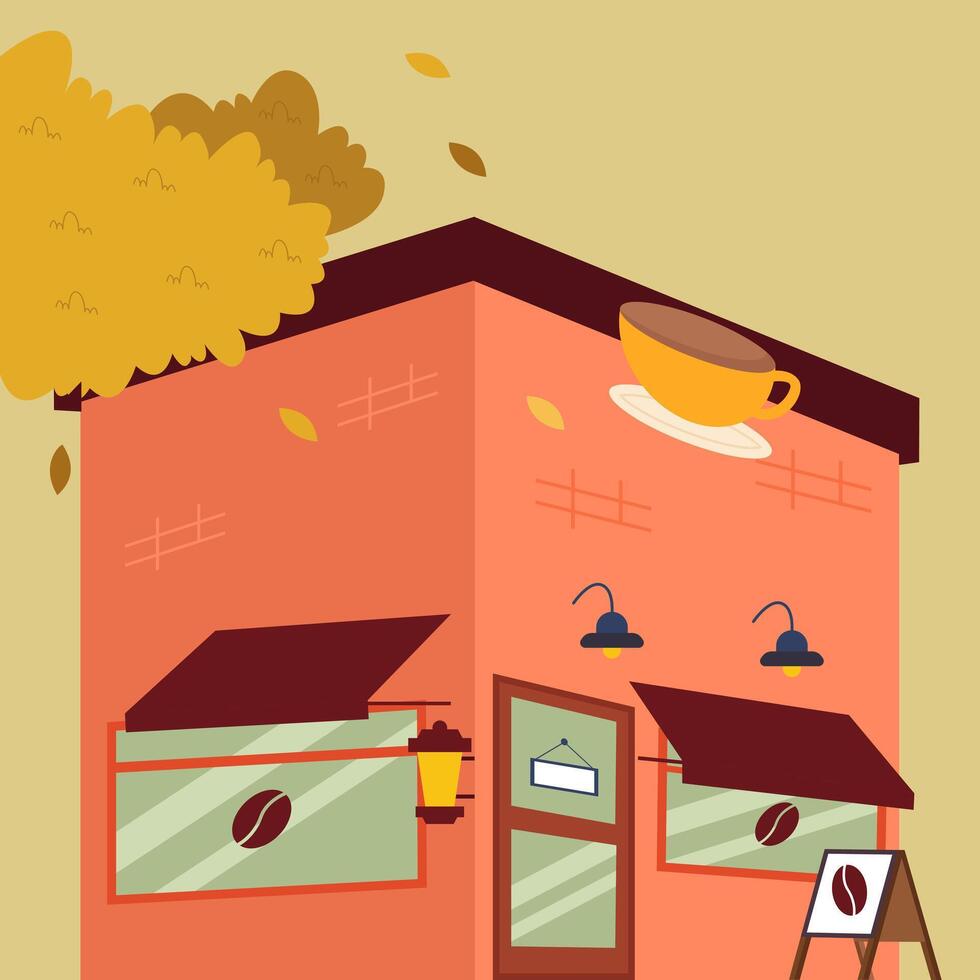 Orange building with a coffee cup sign and autumn leaves. vector