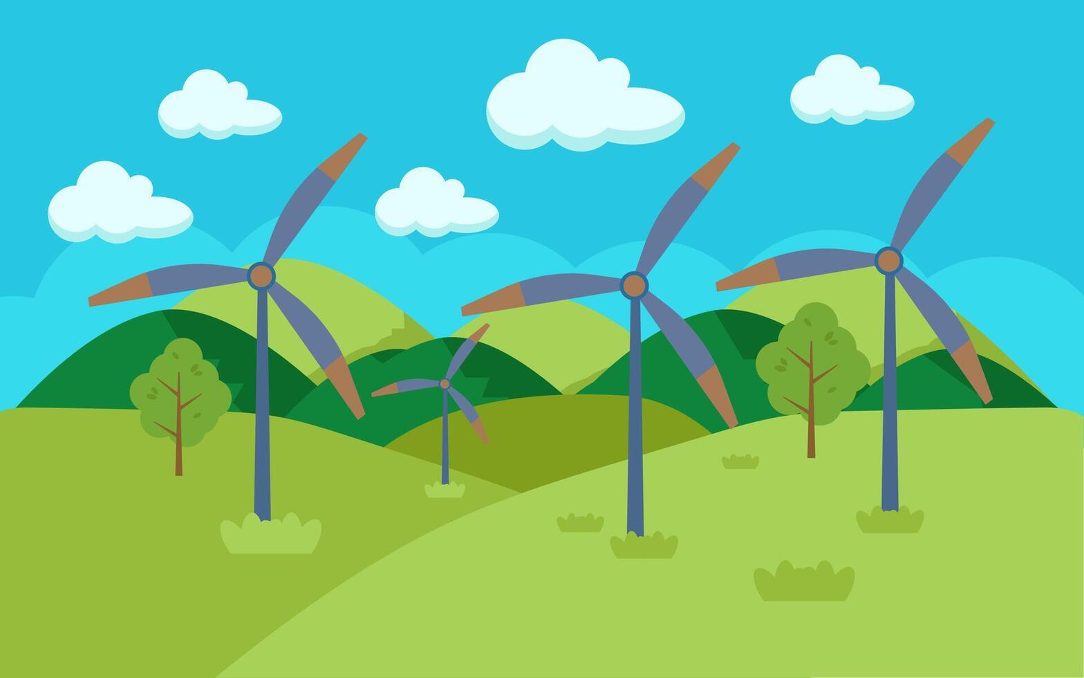wind turbines in the countryside with trees and clouds vector