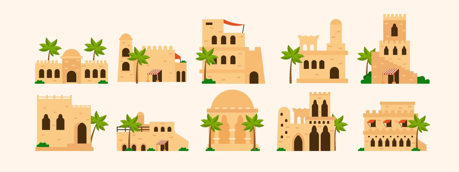 Traditional Arabic houses set flat illustration. Collection of ethnic Islamic architecture facades with palm trees, windows and entrance isolated. vector