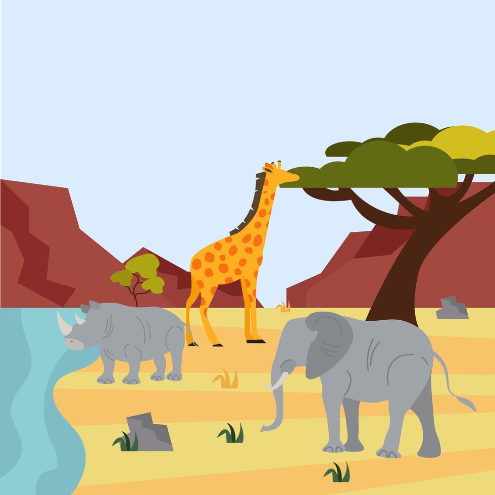 a giraffe, elephant and rhino are standing near a river vector