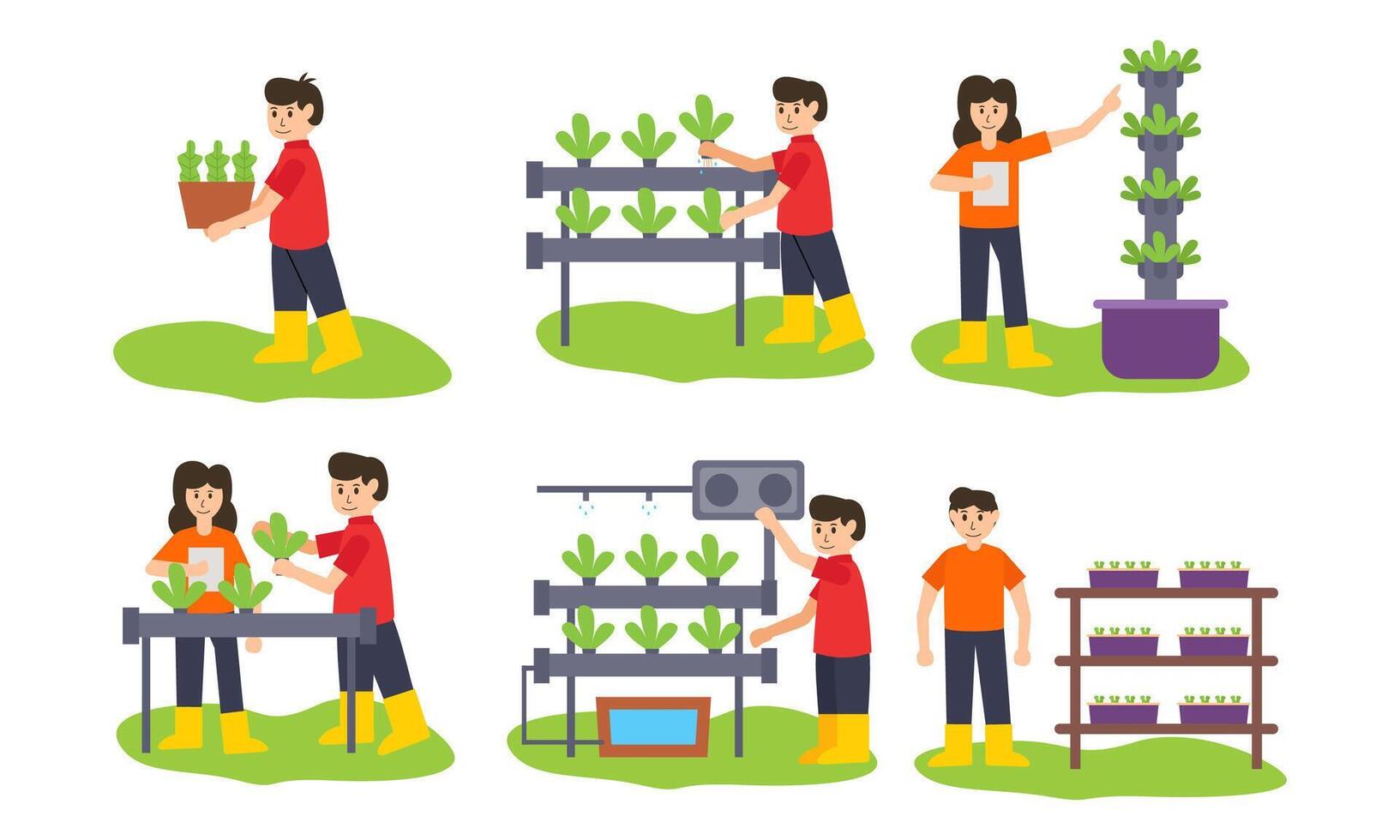 Growing plants in Laboratory aquaculture cultivation. Hydroponics, aeroponics, aquaponics. Smart farm concept. Set of flat cartoon fictional characters vector