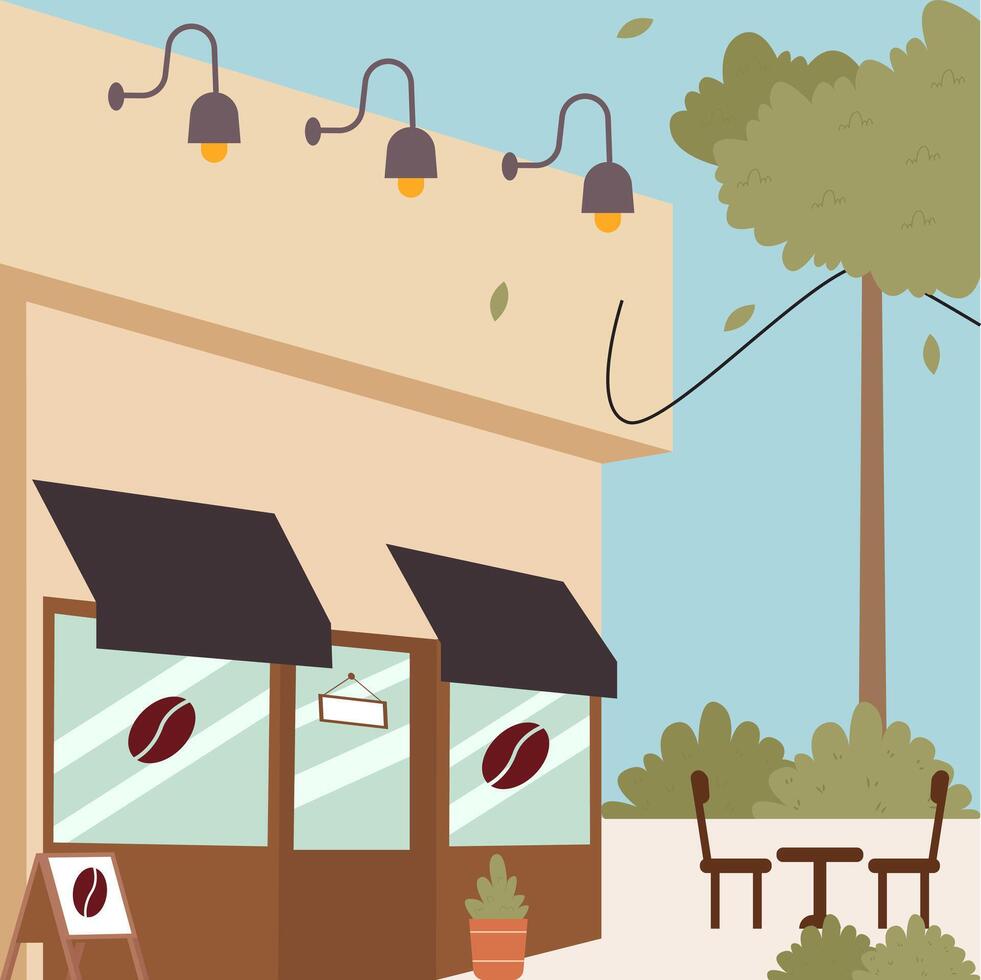 A light beige cafe with black awnings, greenery, and outdoor seating under a tree. vector