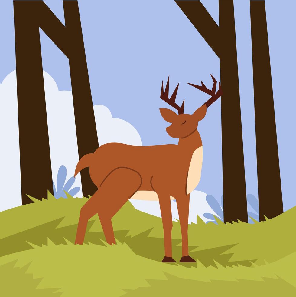 A deer with antlers in a lush forest with tall tree trunks and soft green grass. vector