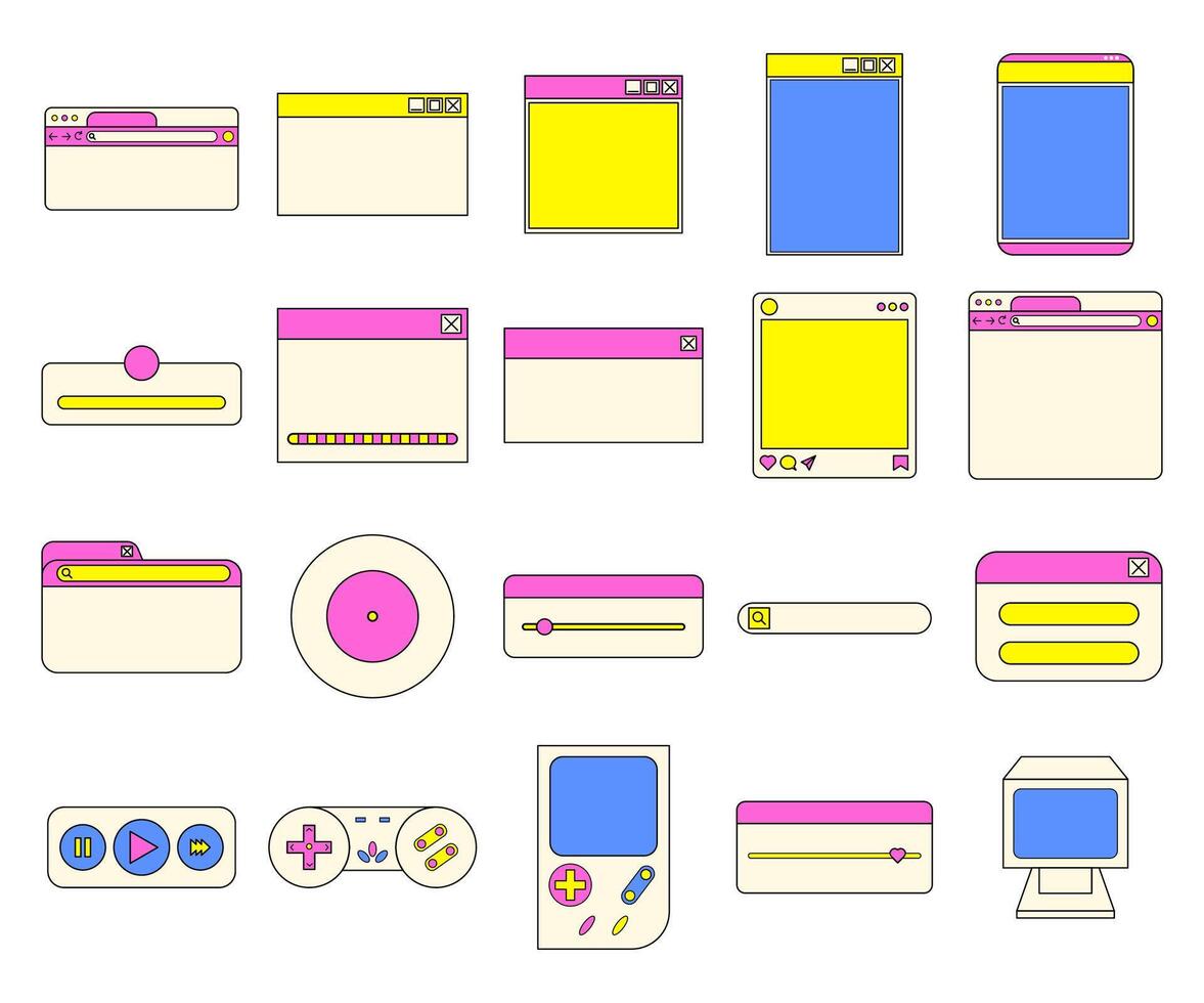 Set of retro vaporwave desktop browser and dialog window, game controller templates 80s-90s style. Nostalgic retro style operating system concept on computer. vector