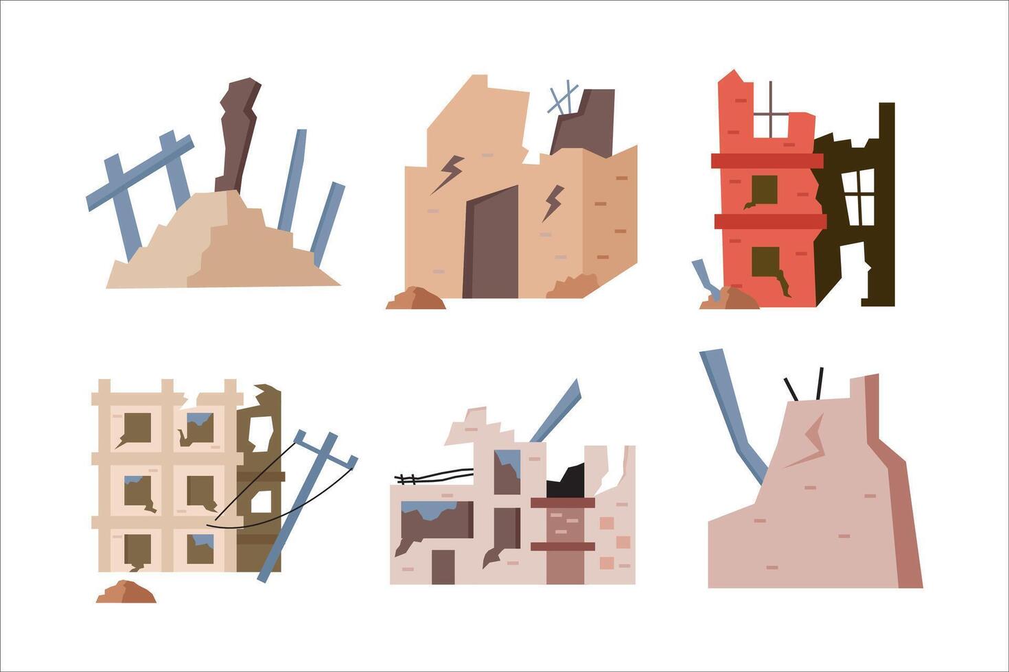 Set Destroyed City Buildings, Post-apocalyptic War Destruction, Abandoned Town Infrastructure. Natural Disaster or Cataclysm World Ruins, Isolated Broken House Dwellings. vector
