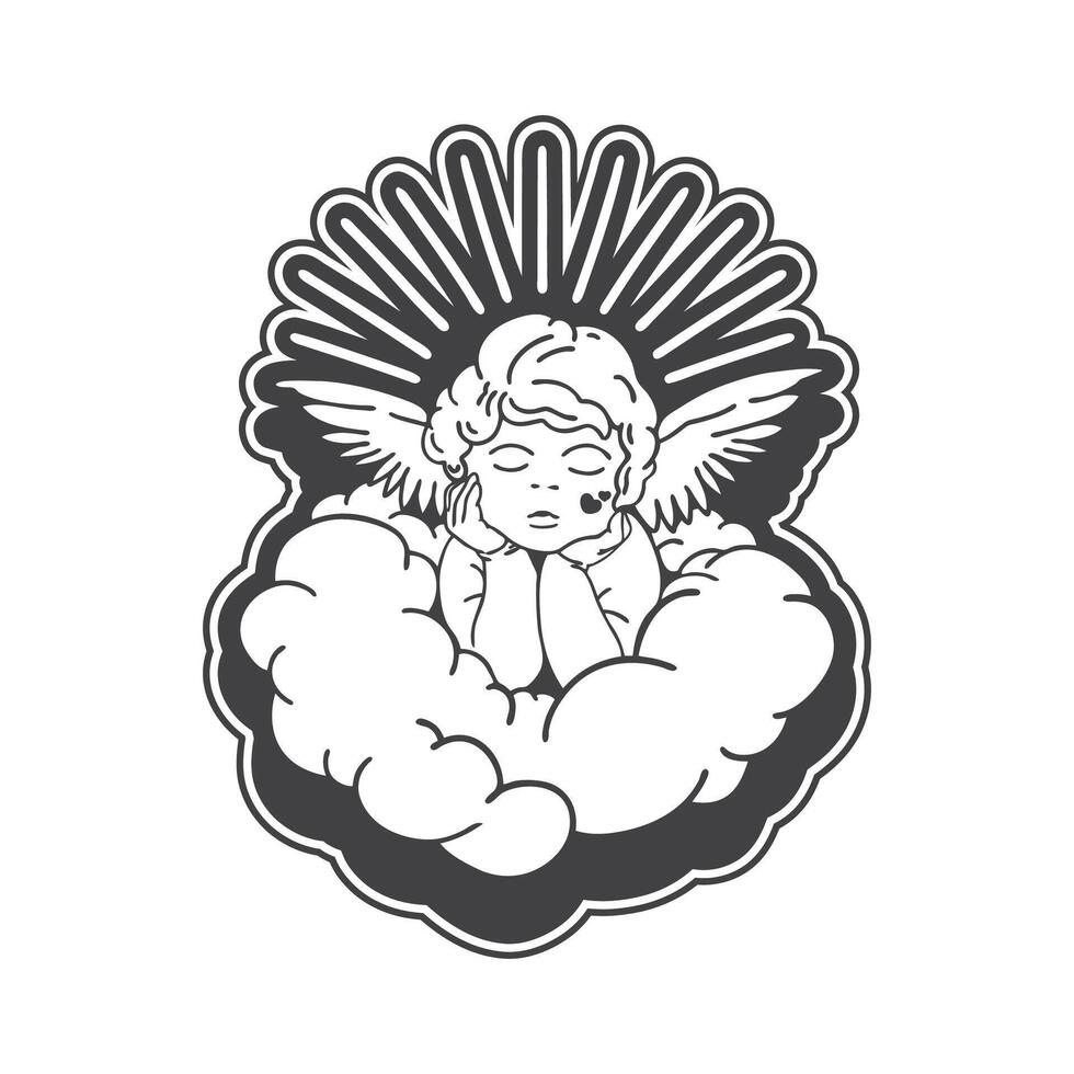 hand drawn cute cupid, angel, cherub in cloud. y2k abstract angel character line art vector