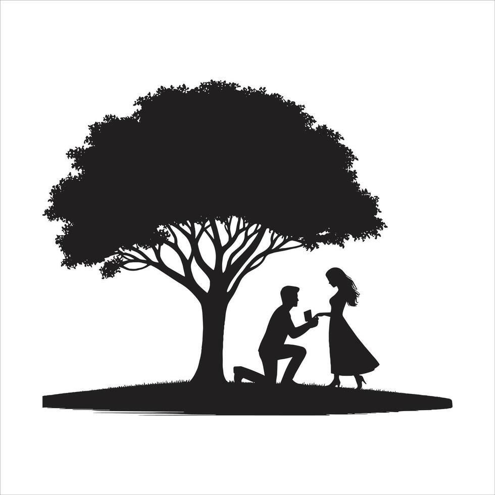 A Young Boy Proposing His Girl Under a Tree Romantic Couple Like Bride and Groom Valentine Day Special Art Black and White Silhouette vector
