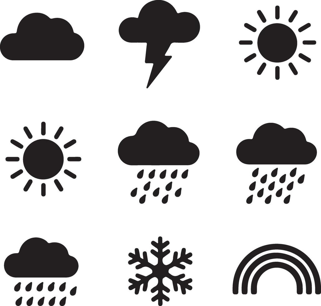 Weather Icons Sun, Clouds, Rain, Snow, Lightning, Rainbow. A set of nine simple black weather icons sun, clouds, rain, snow, lightning, and rainbow. Used for weather forecasting or app design. vector