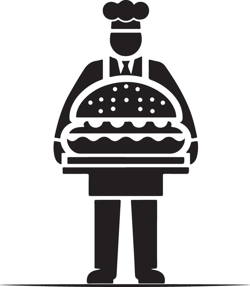 A black and white illustration of a chef holding a tray with a large burger. Chef Serving a Delicious Burger vector