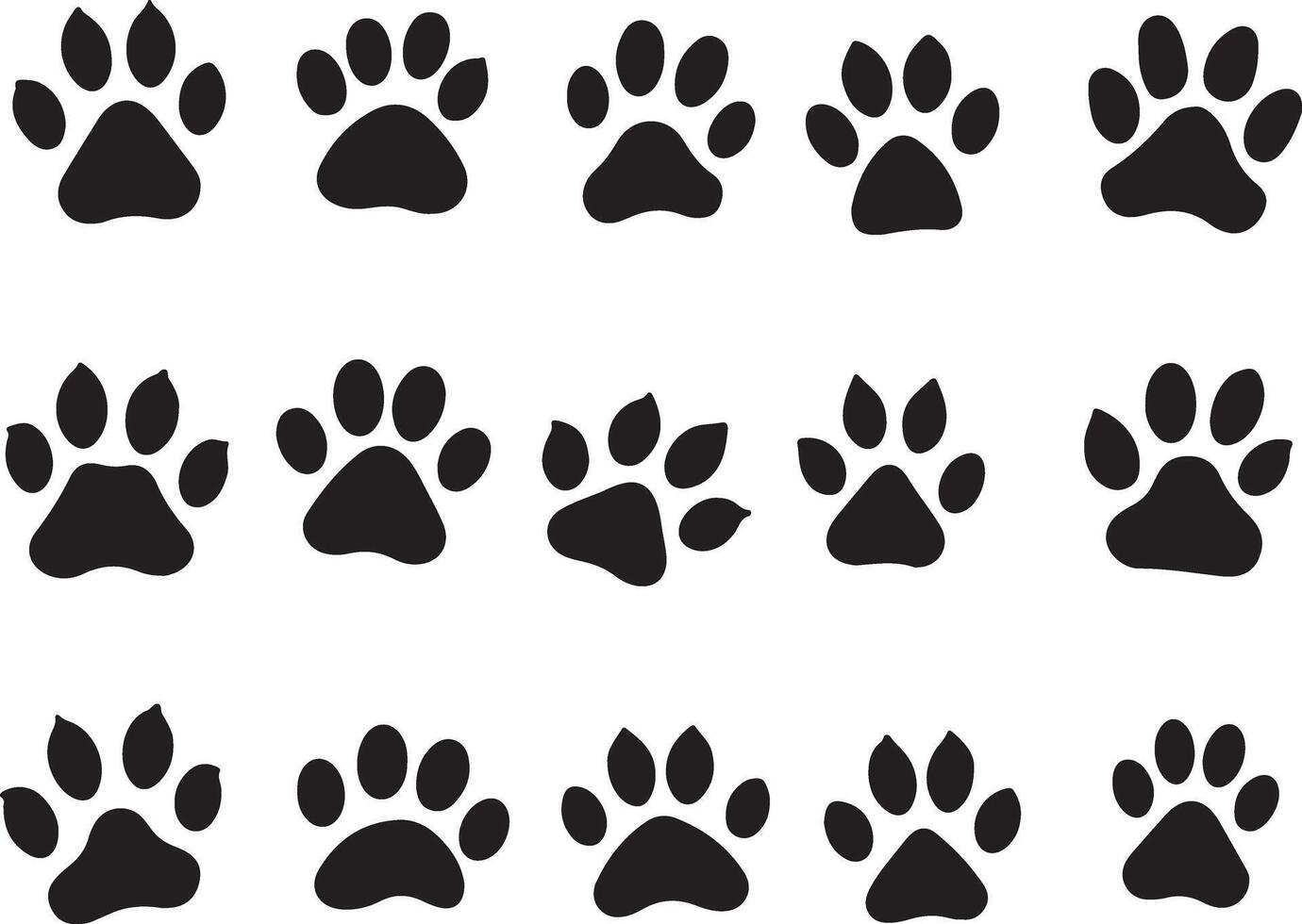 Animal Paw Prints icon set illustration. A collection of twelve stylized black paw prints, showcasing variations in claw depiction and pad shapes, possibly representing different animals. vector