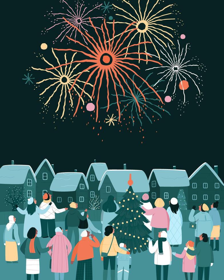 Villagers watching fireworks in the night sky vector