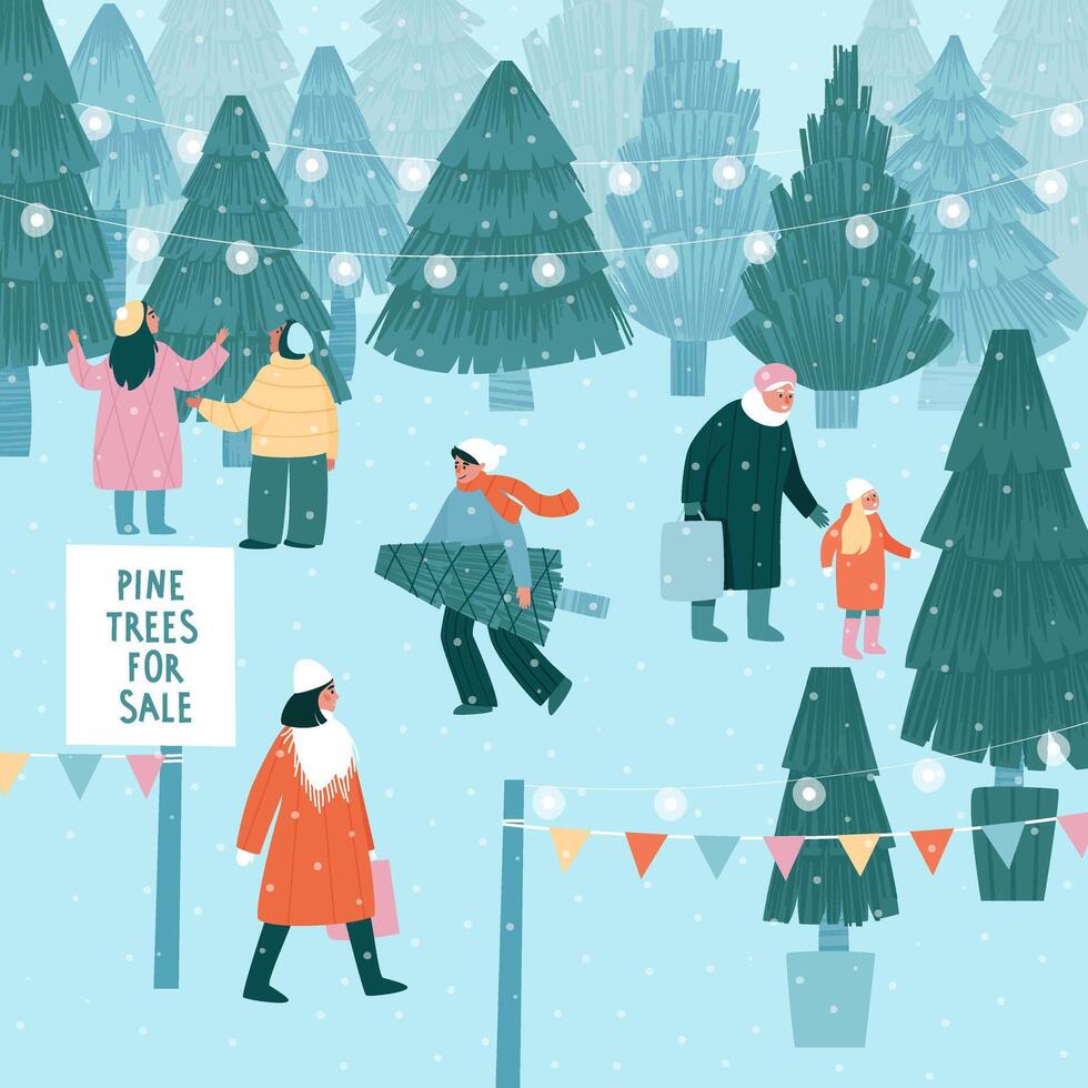 People choose a Christmas tree for the holiday vector
