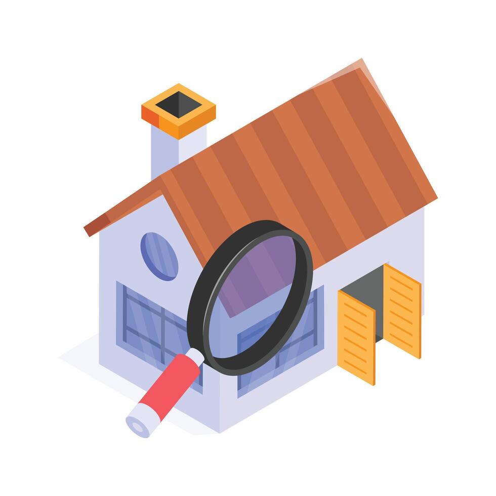 A house with a magnifying glass, symbolizing property search or inspection vector