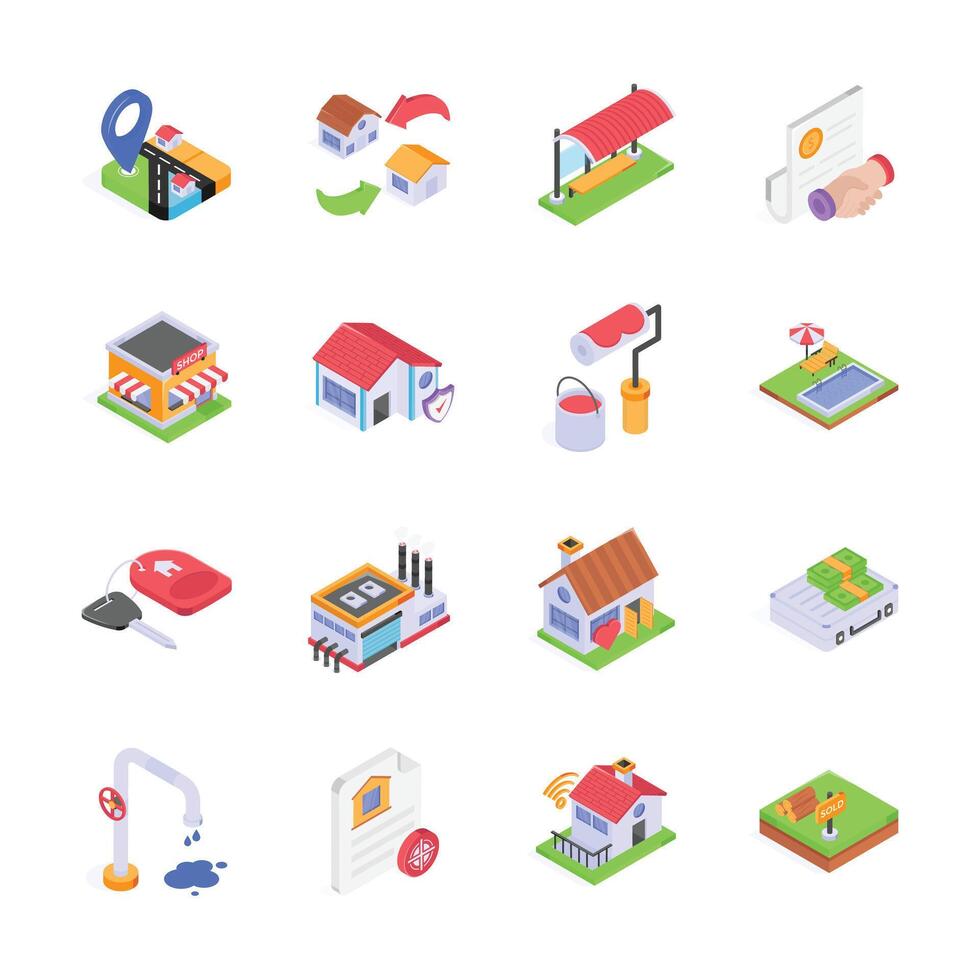 This image features a set of colorful, isometric icons depicting various real estate and home services vector