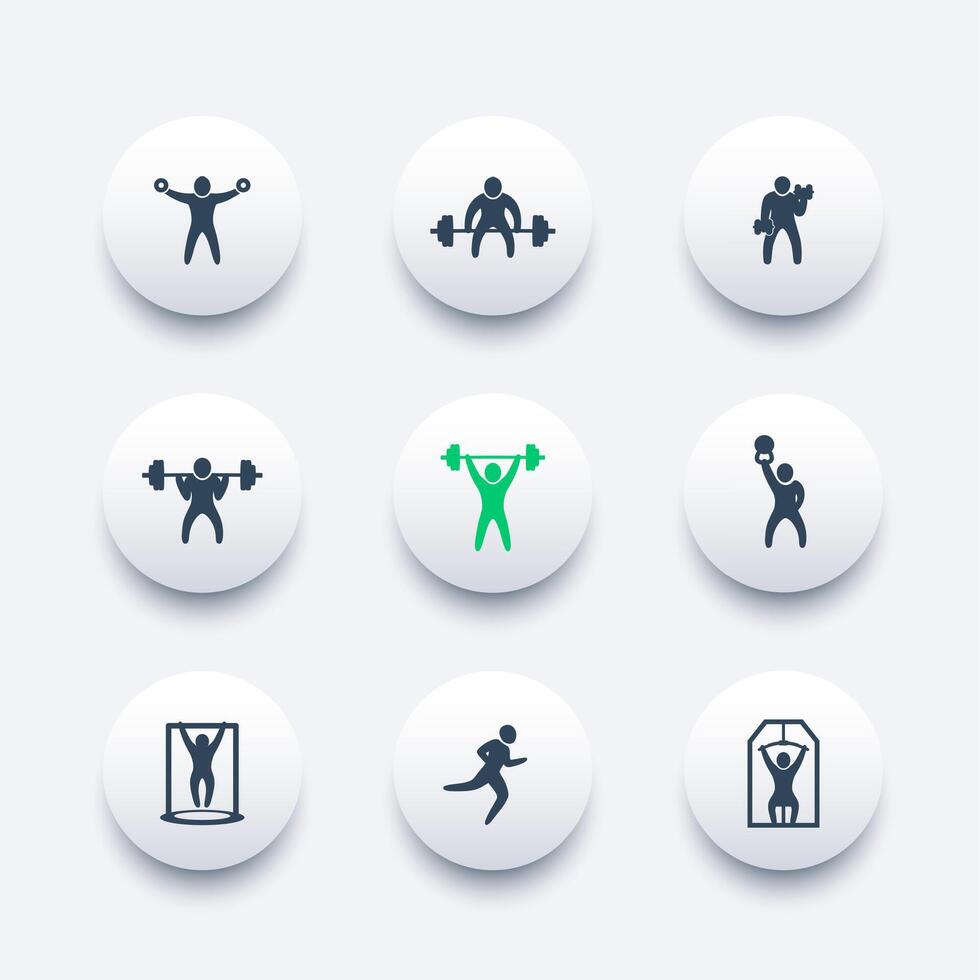 Gym, fitness exercises, training, round modern icons, illustration vector