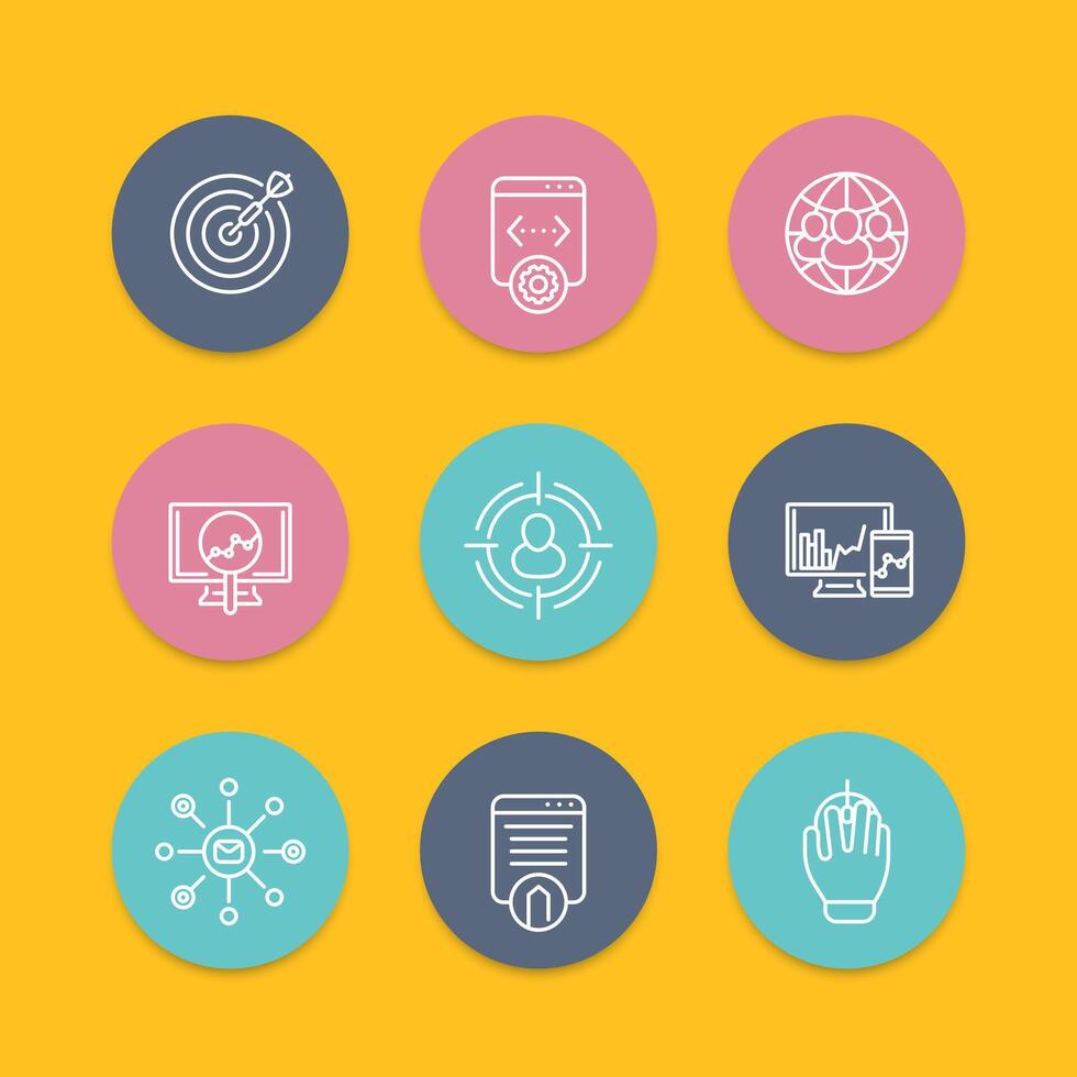 seo line round icons, search engine optimization, internet marketing, website indexing, seo tools, illustration vector