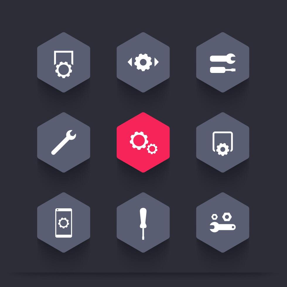 settings, configuration, preferences, hexagon icons set, illustration vector