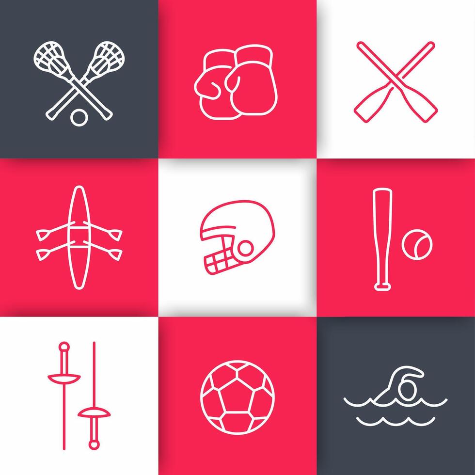 sports and games linear icons set on squares, illustration vector