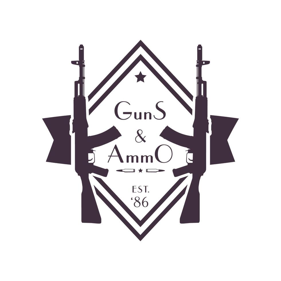 guns and ammo, vintage logo, sign, badge with automatic rifles, illustration vector