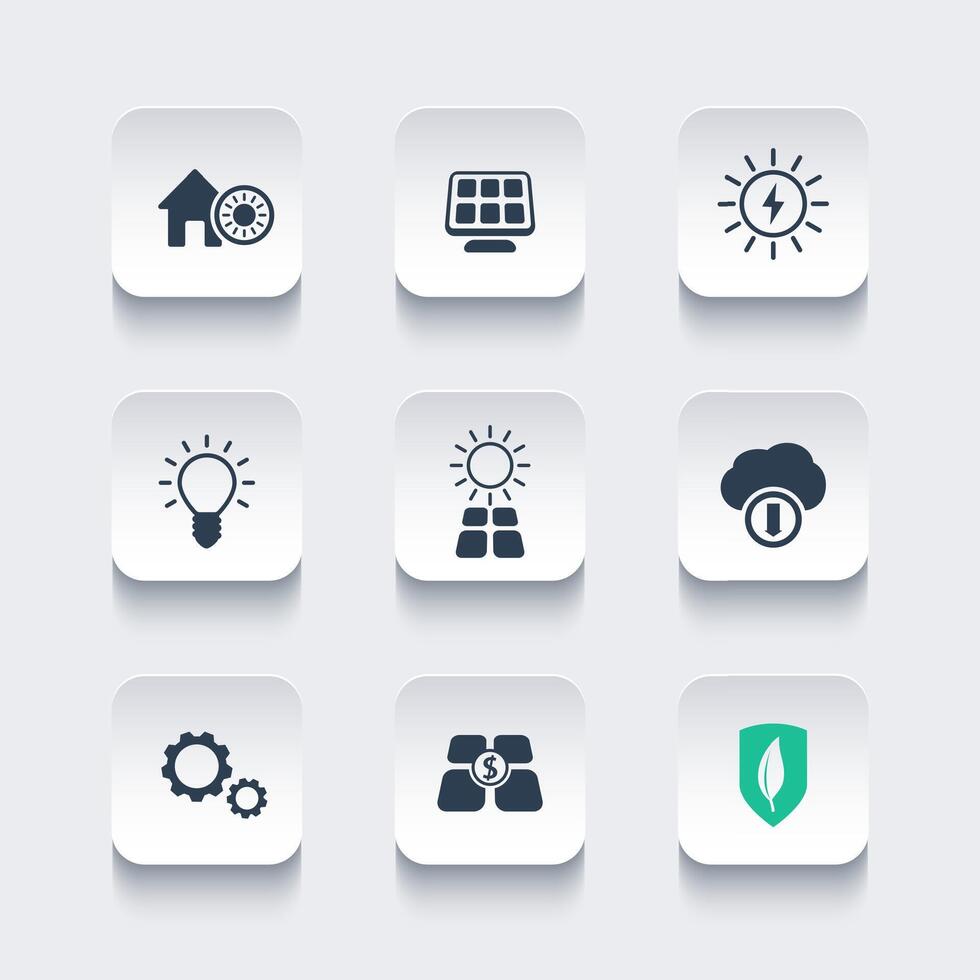 Solar energy, solar electricity, sun powered, rounded square icons set, illustration vector