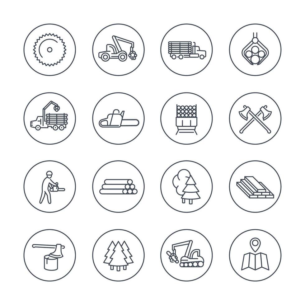 Logging, sawmill line icons in circles, logging truck, tree harvester, timber, lumberjack, wood, lumber, illustration vector