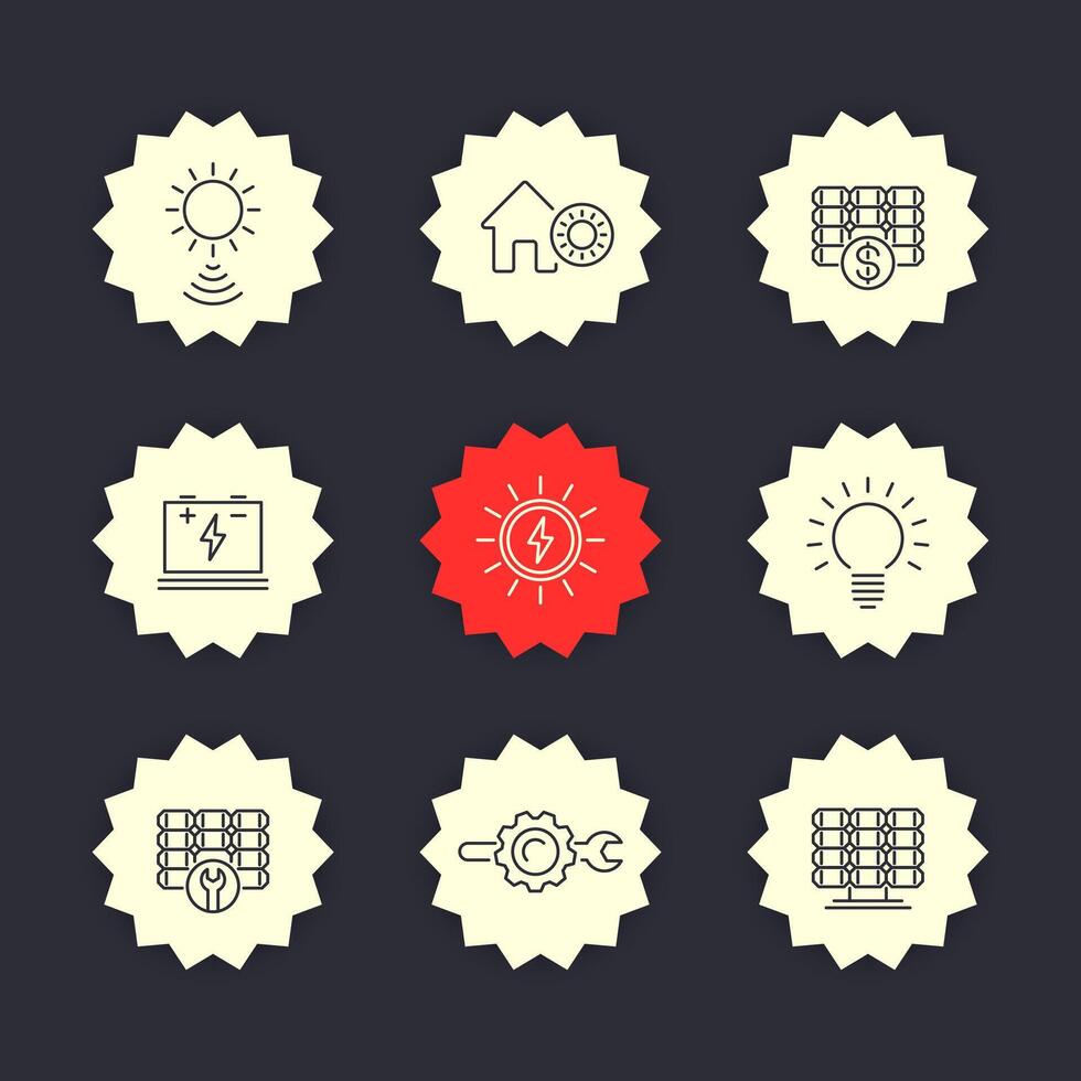 Solar energy line icons, solar power, panels installation, illustration vector