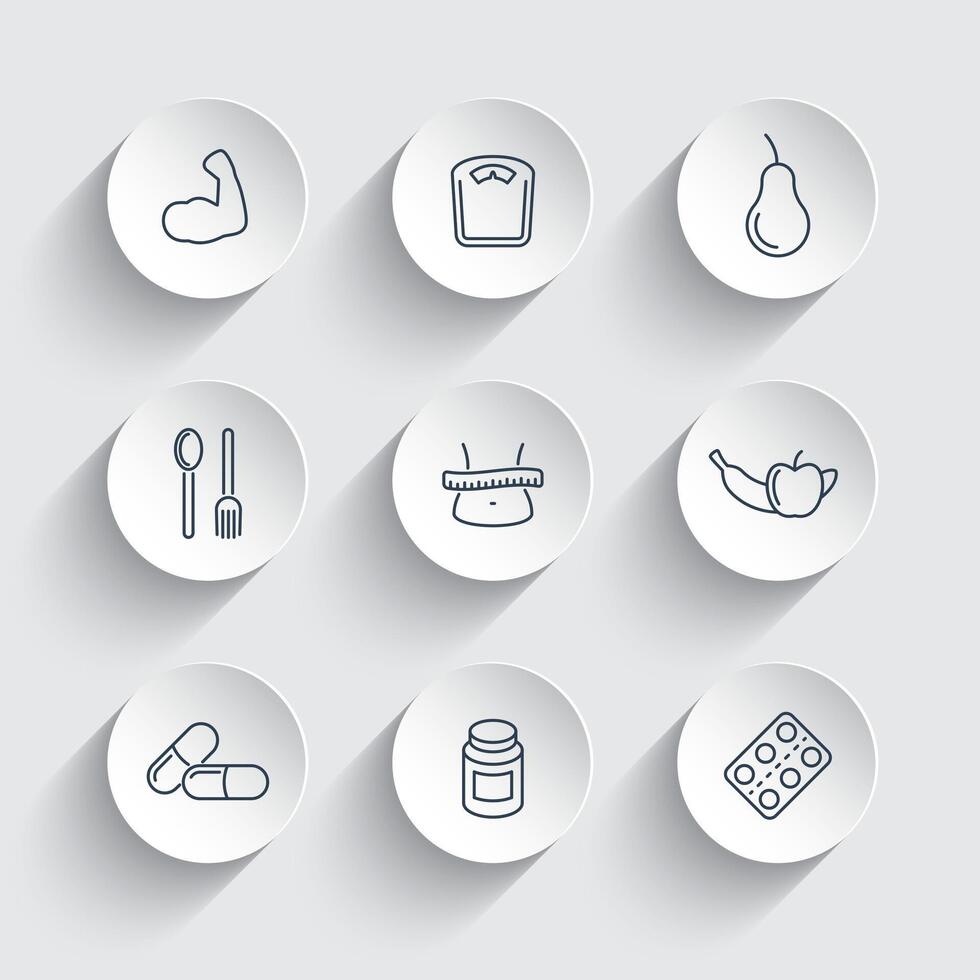 Diet, nutrition line icons on round 3d shapes, illustration vector