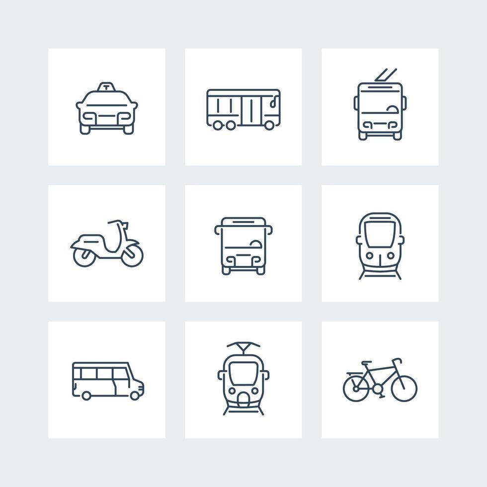 City transport, tram, train, bus, bike, taxi, trolleybus, public transport, line icons, illustration vector