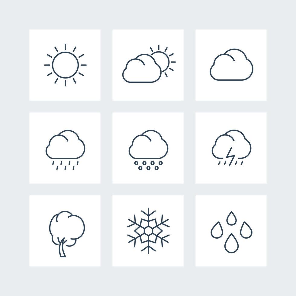 Weather line icons, sunny, cloudy day, rain, hail, snow, wind, illustration vector