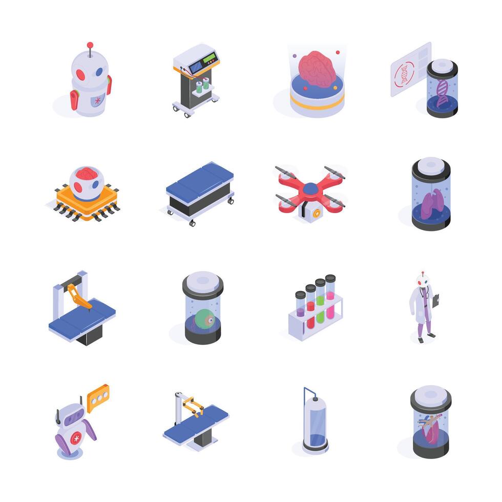 A collection of colorful, isometric icons depicting futuristic medical and scientific advancements vector