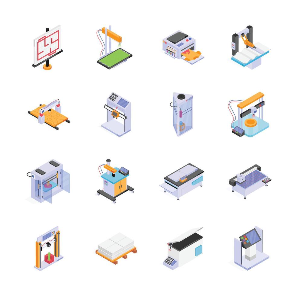 This image showcases a variety of modern manufacturing and 3D printing equipment in an isometric style vector