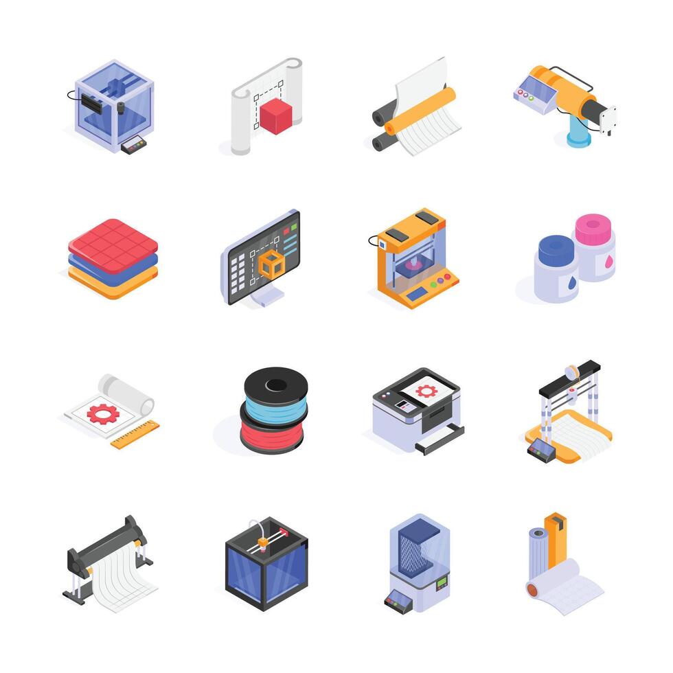 This vibrant, isometric illustration showcases a collection of 3D printing and manufacturing technologies vector