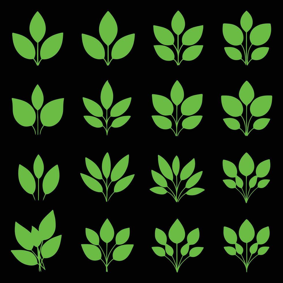 Green leaves icons set on black background vector