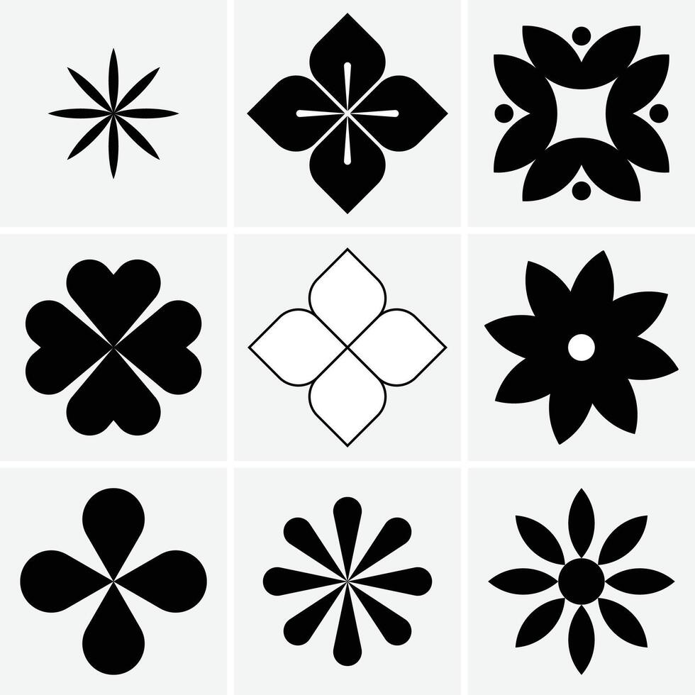 Set of trendy flower silhouette, floral symmetrical tattoo stickers geometric shape vector