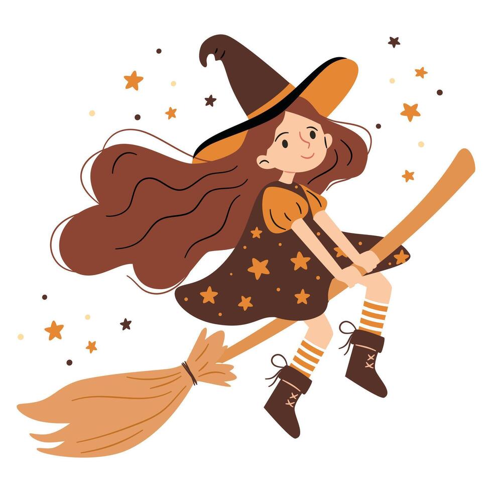 Cute witch with long red hair flying on a broomstick. Flat illustration in simple childish style on white background vector