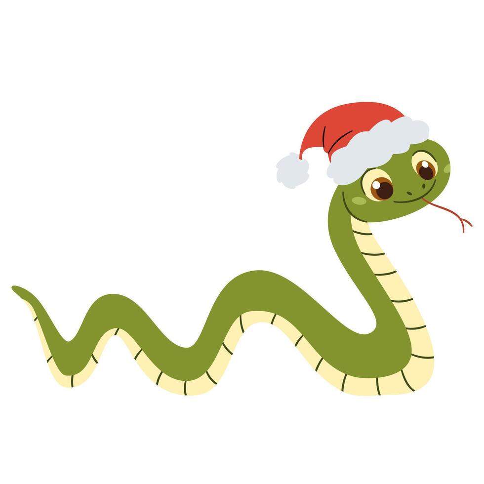 Flat illustration in a simple children's style. Cute snake in Santa Claus hat, symbol of the year 2025 vector