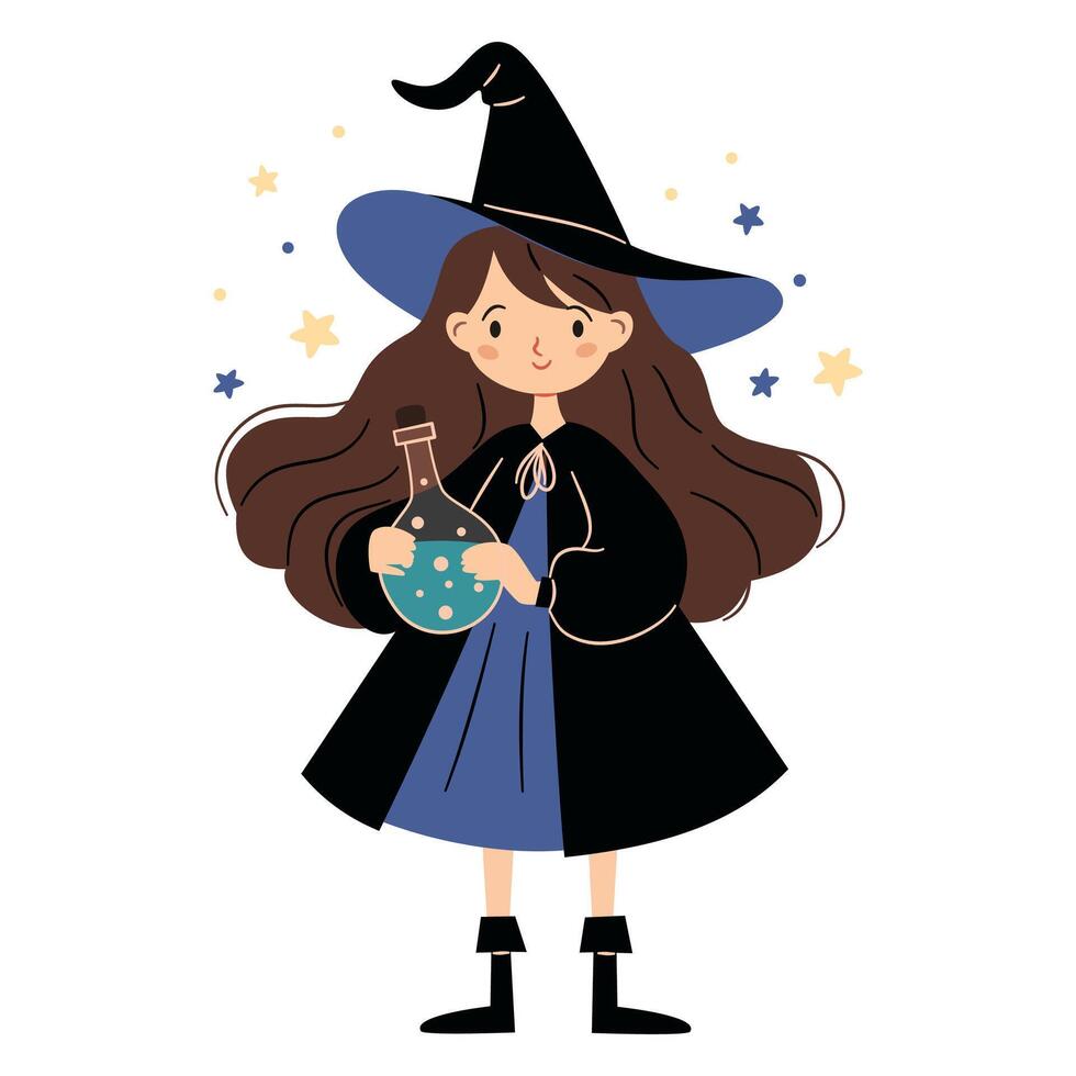 Cute witch with long hair holding a test tube with potion. Flat illustration in simple child style on white background vector