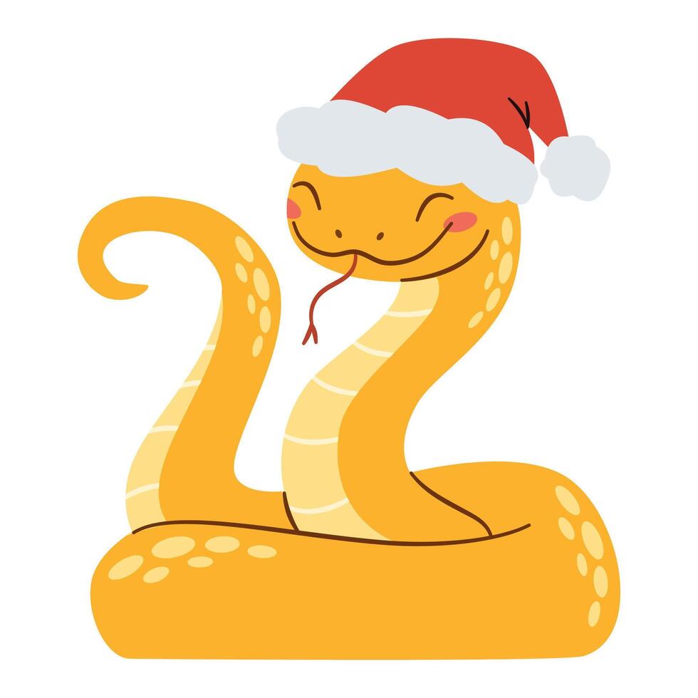 Flat illustration in a simple children's style. Cute snake in Santa Claus hat, symbol of the year 2025 vector