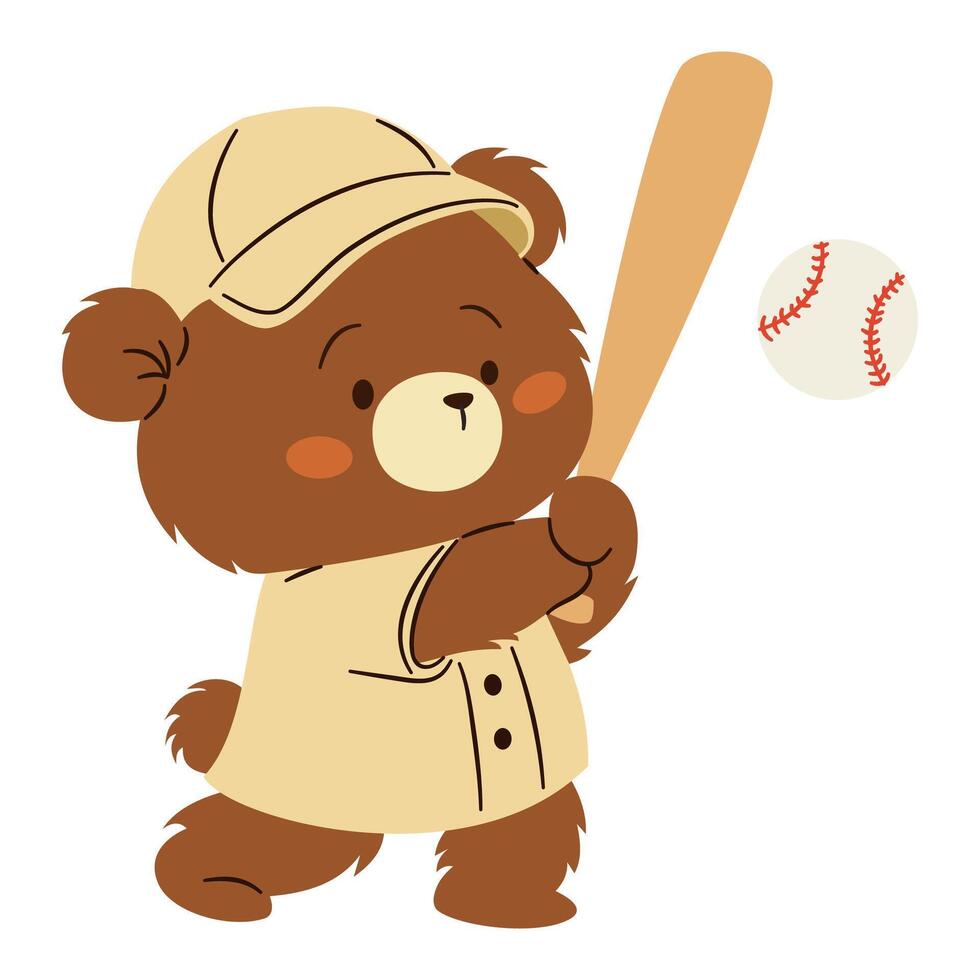 Flat illustration in a simple children's style. Cute bear in a cap playing baseball vector