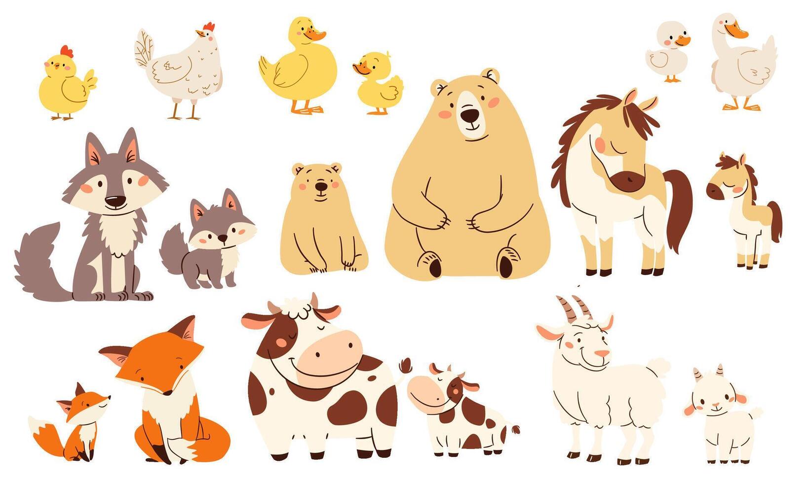 A set of flat illustrations in a simple children's style. Cute animals and their cubs. Bear wolf fox cow goat horse duck chicken goose. vector