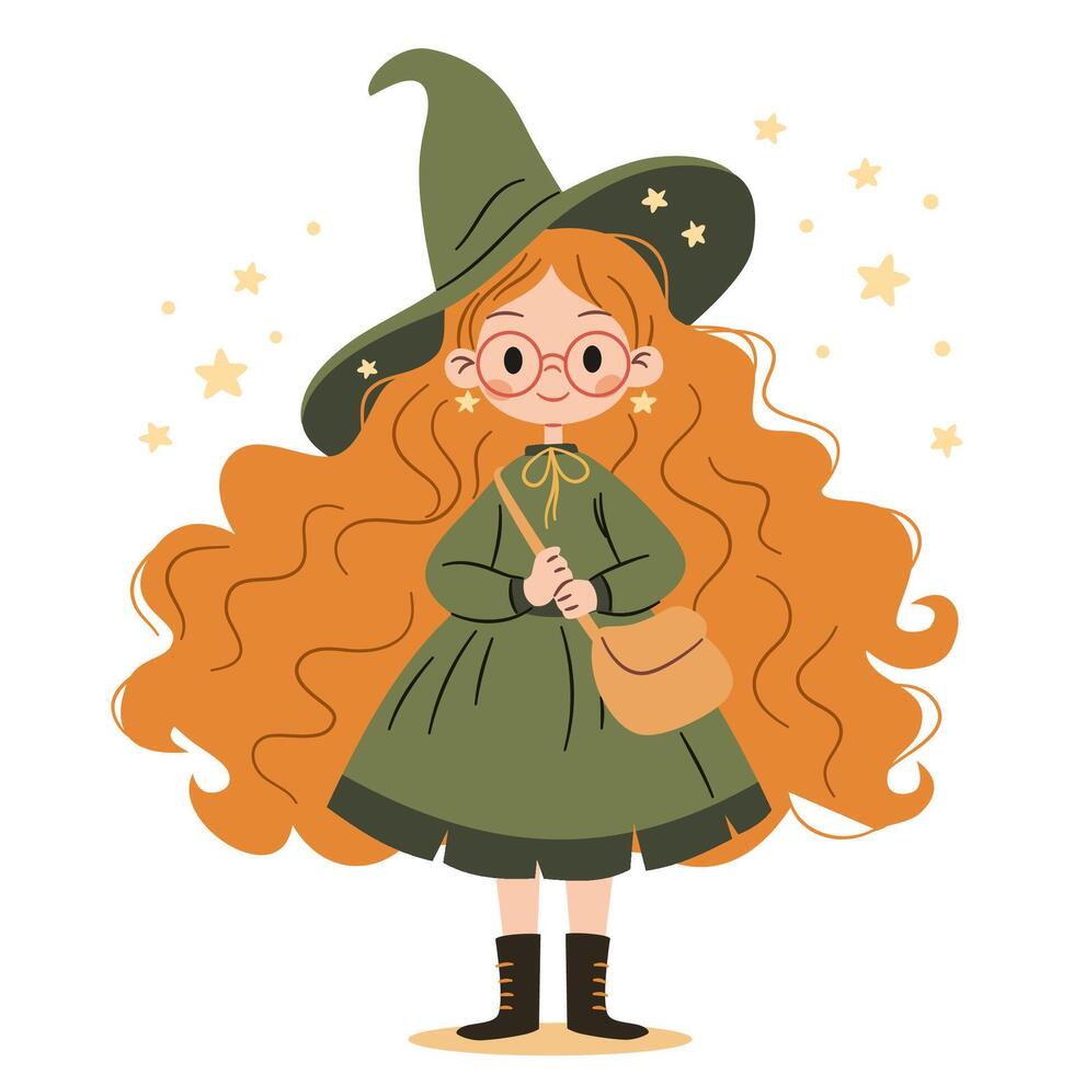 Cute witch with long red hair standing and smiling sweetly. Flat illustration in simple childish style on white background vector