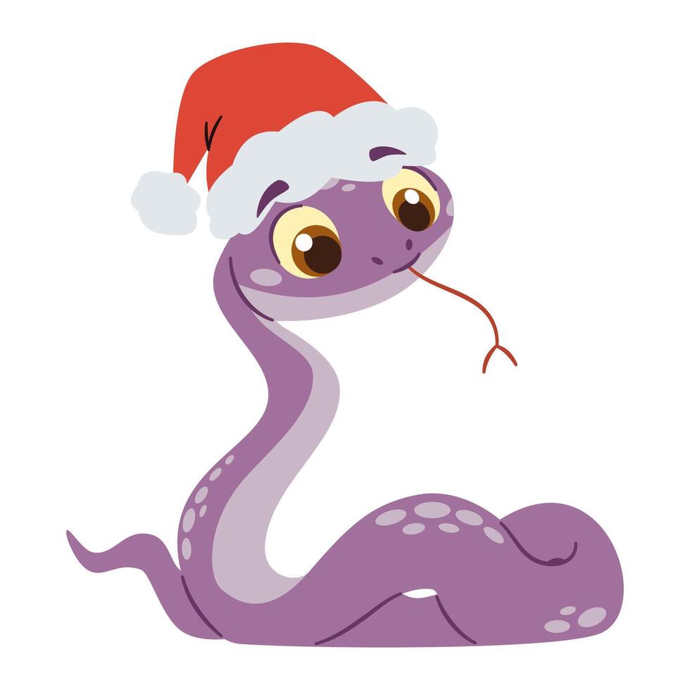 Flat illustration in a simple children's style. Cute snake in Santa Claus hat, symbol of the year 2025 vector