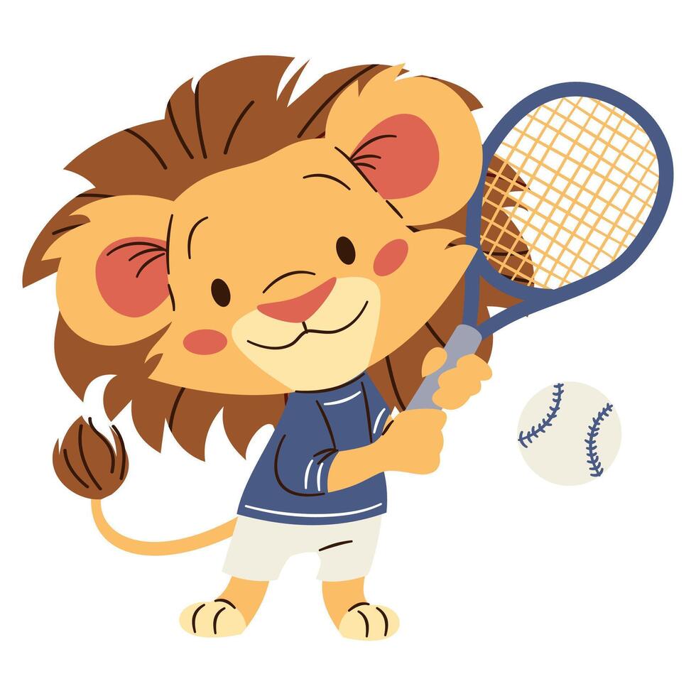 Flat illustration in a simple children's style. Cute lion cub playing tennis vector