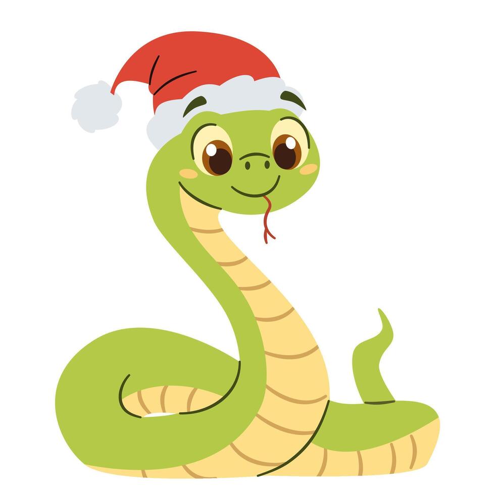 Flat illustration in a simple children's style. Cute snake in Santa Claus hat, symbol of the year 2025 vector